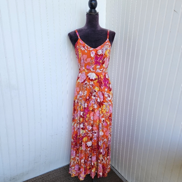 Vince Camuto Womens Floral Print Maxi Dress Playful Orange Floral Strap Tie XS - Picture 1 of 11